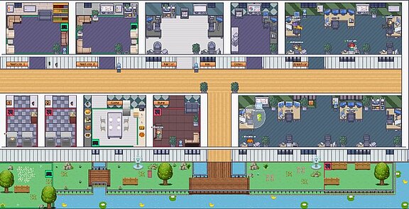 Screenshot unserer virtuellen Büroräume mit Fluss und Wiese im Außenbereich