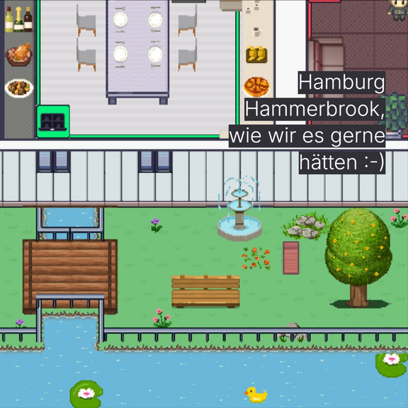 Ansicht des Außenbereichs im WorkAdventure: Hamburg Hammerbrrok, wie wir es gerne hätten.